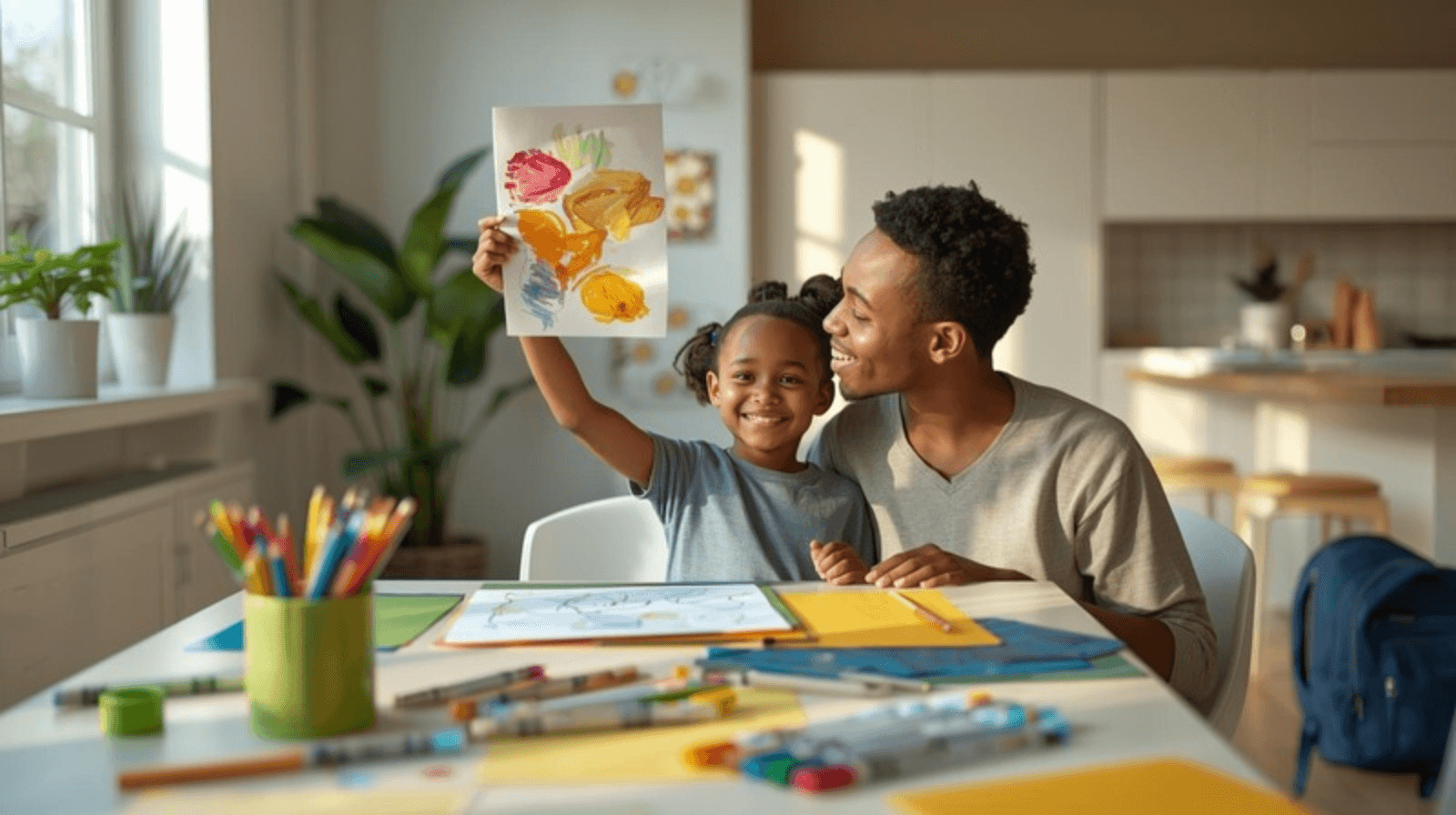 Parent and child looking at journal together